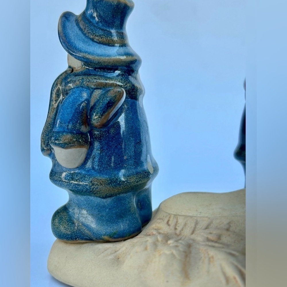 Vintage Christmas Decor Accents Blue Stoneware Snowman Candle Holder Festive Art - Picture 4 of 15